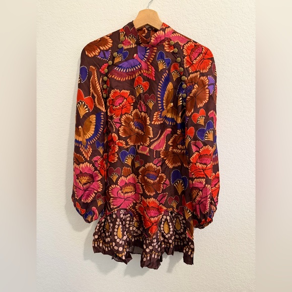 Farm Rio Brown Bright Flora Long Sleeve Mini Dress NWT Size XS - Picture 4 of 7
